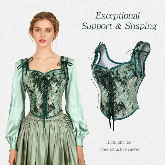 Women's Green Daisy Floral Renaissance Corsets Cottage Core Vest Corset Tops - Picture 3 of 7